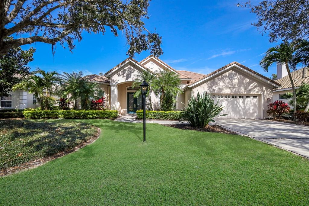 a view of a house with a big yard plants and palm trees