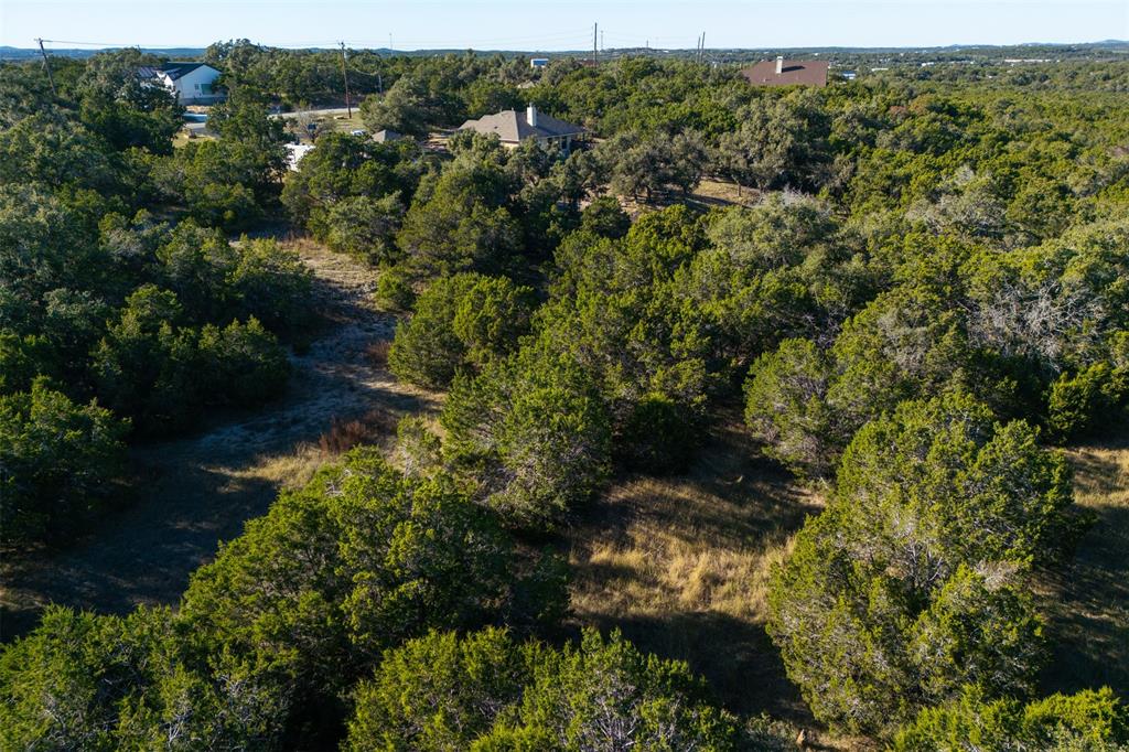 an aerial view of residential house with outdoor space and trees all around