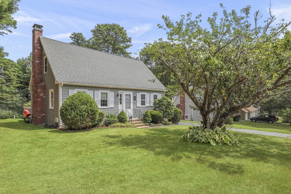 a view of a house with a big yard and potted plants