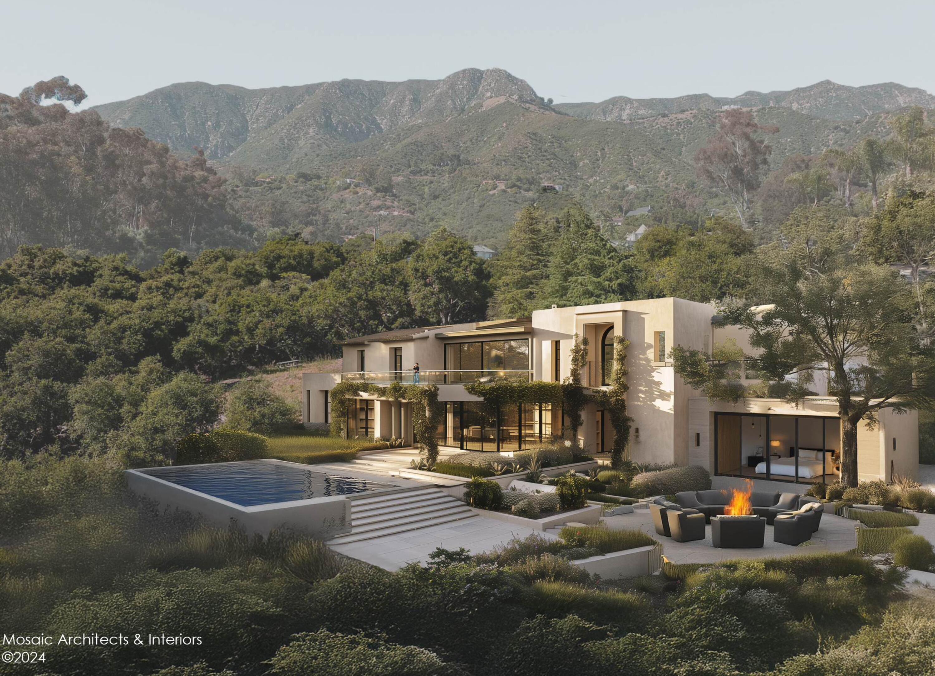 an aerial view of a house with yard swimming pool and mountain view