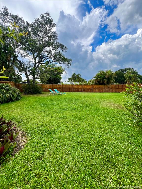 a view of a big yard with plants and large trees