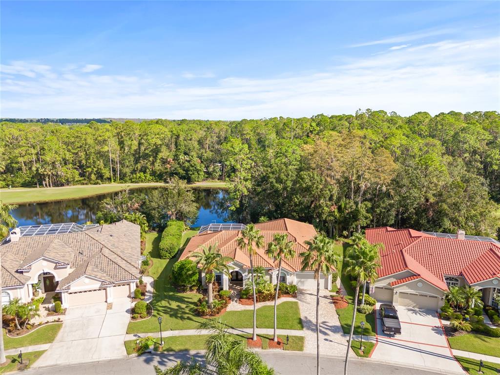 an aerial view of a house with a lake view