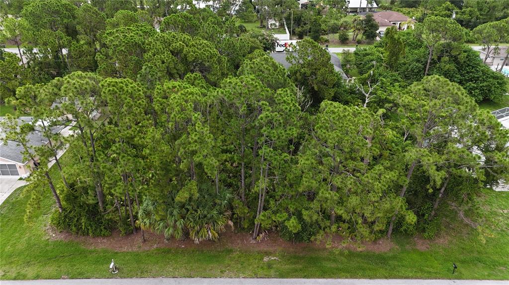 an aerial view of residential house with outdoor space and trees