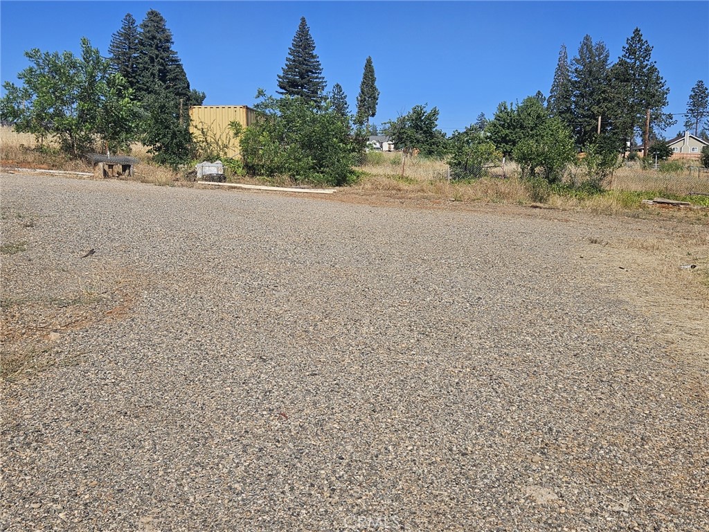 a view of a field with trees in the background