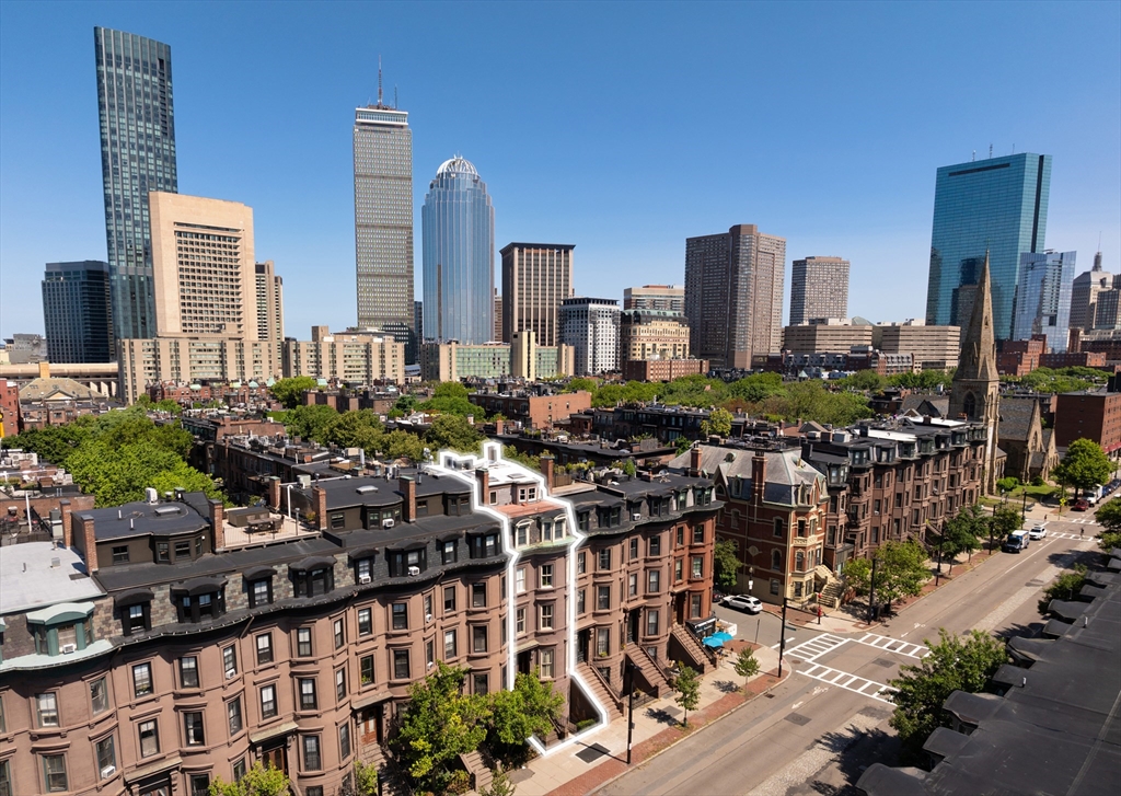 a city view with tall buildings