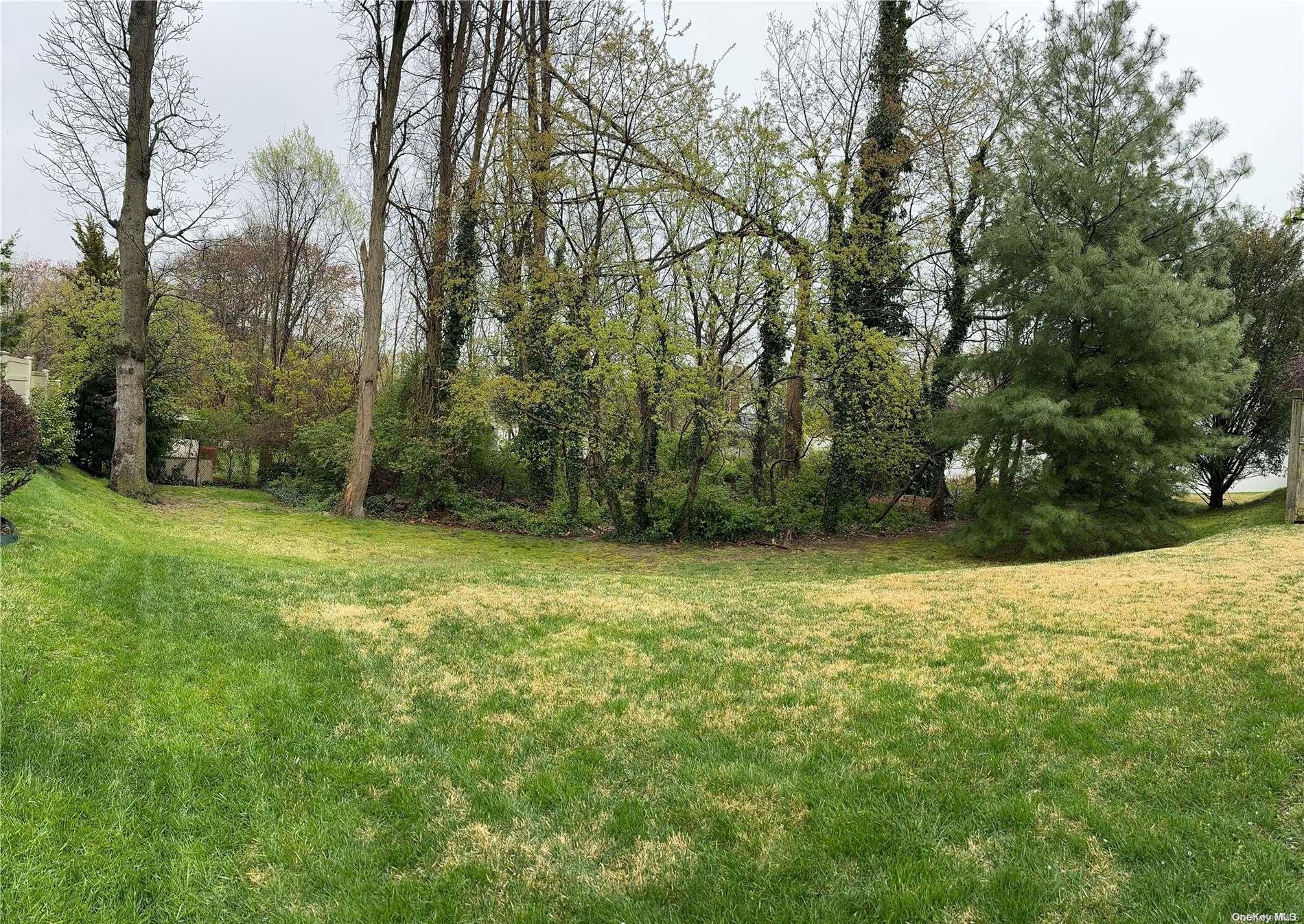 a view of a field with trees in the background