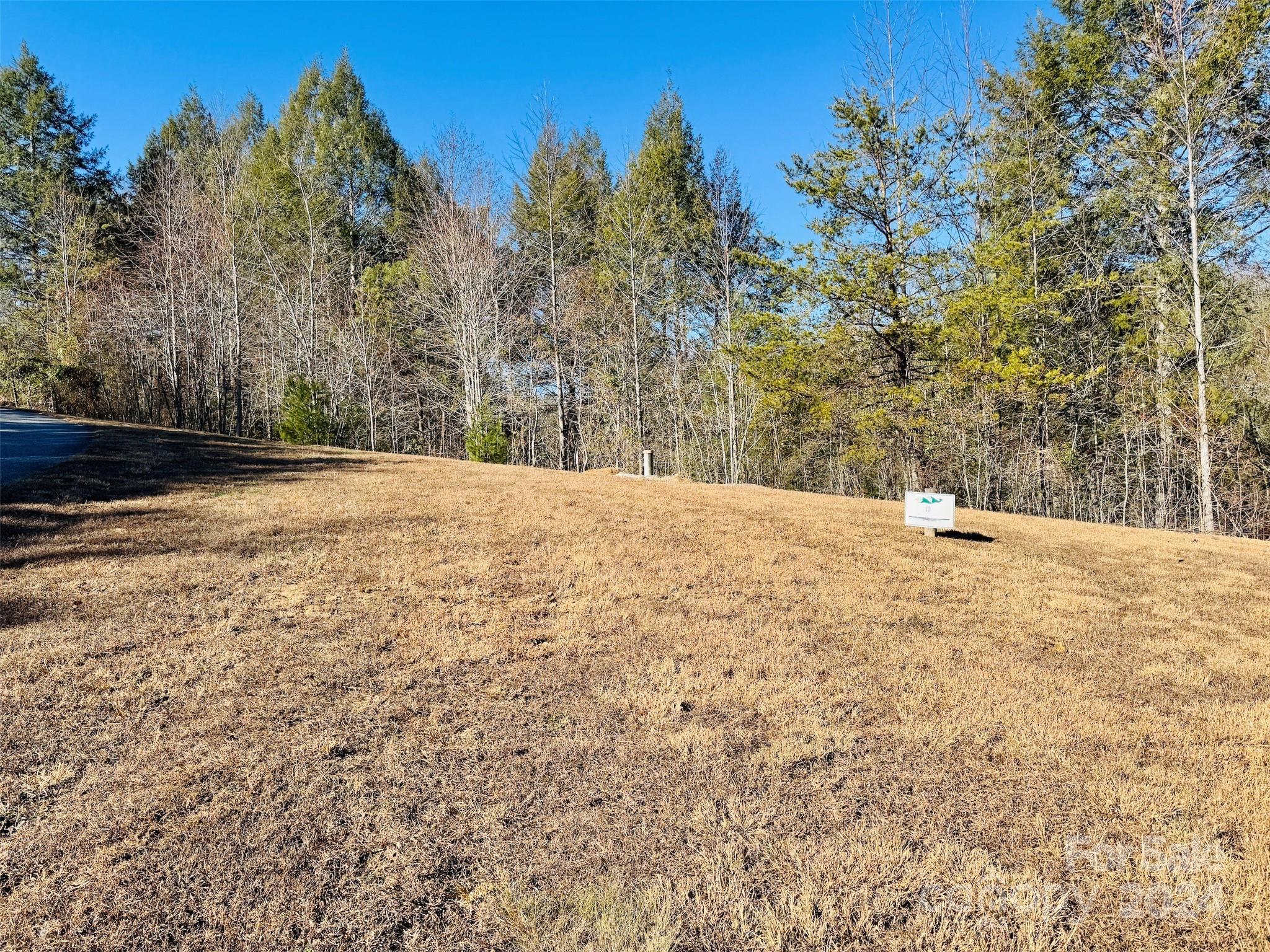 a view of empty field with trees in the background