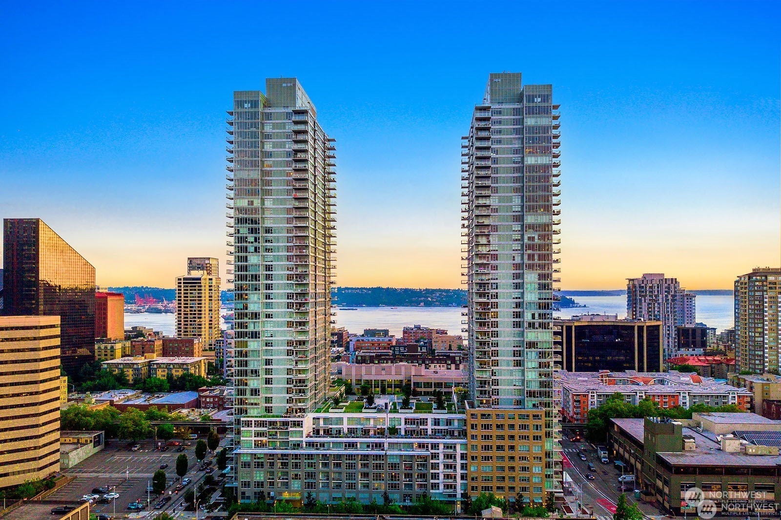 a city view with tall buildings