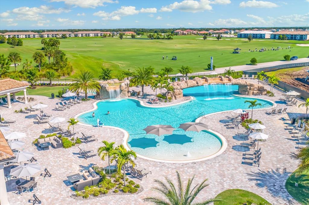 a view of a swimming pool with a garden