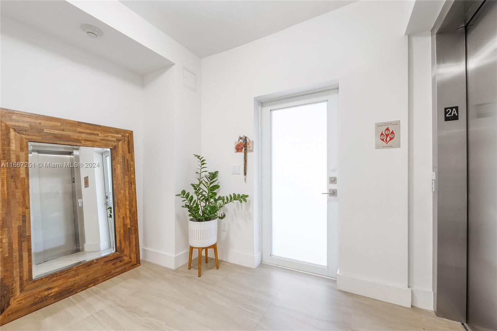 a view of a hallway with wooden floor and a potted plant