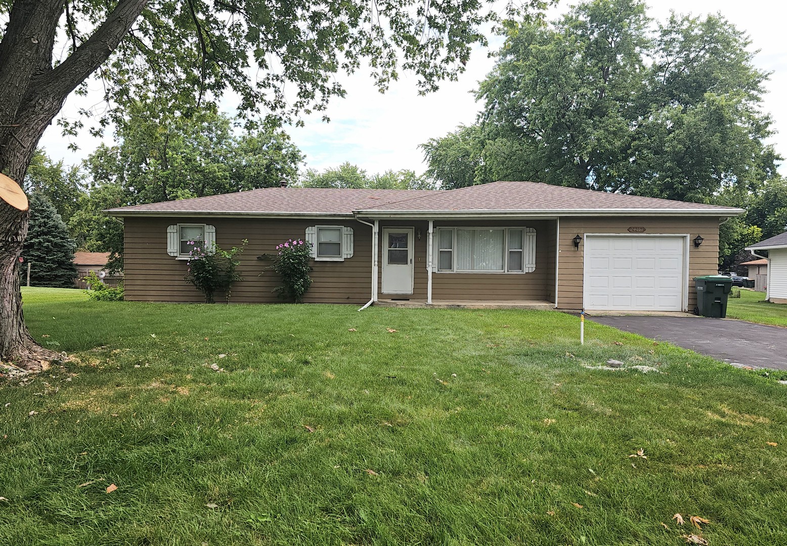 a front view of house with yard and green space