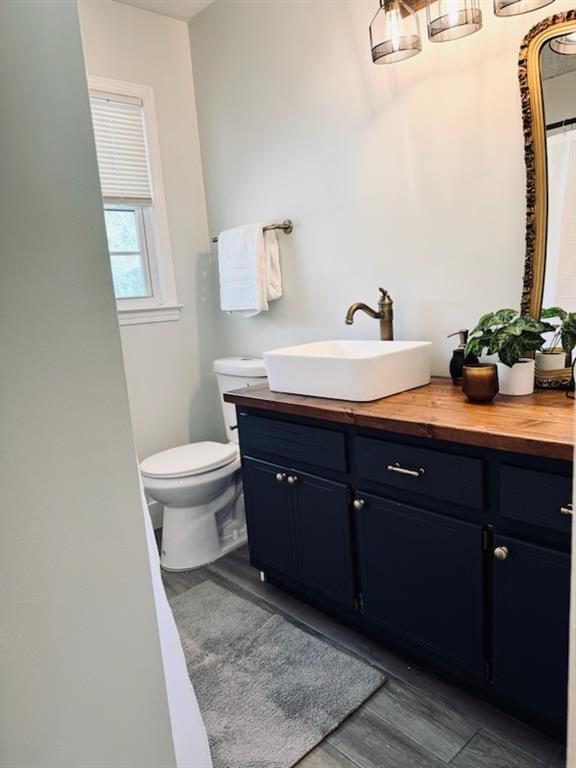 a bathroom with a sink vanity and toilet