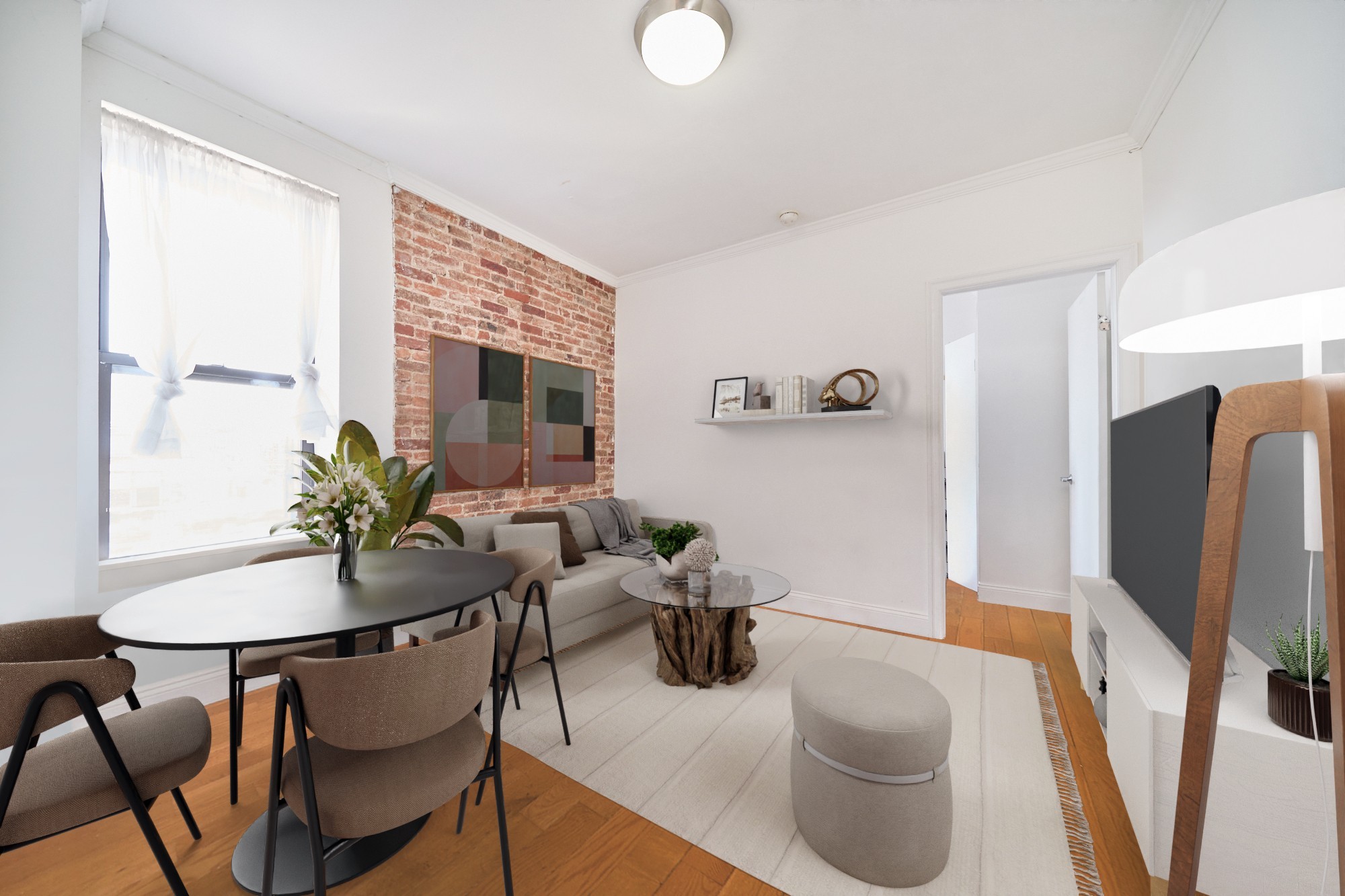 a dining room with furniture and a floor to ceiling window