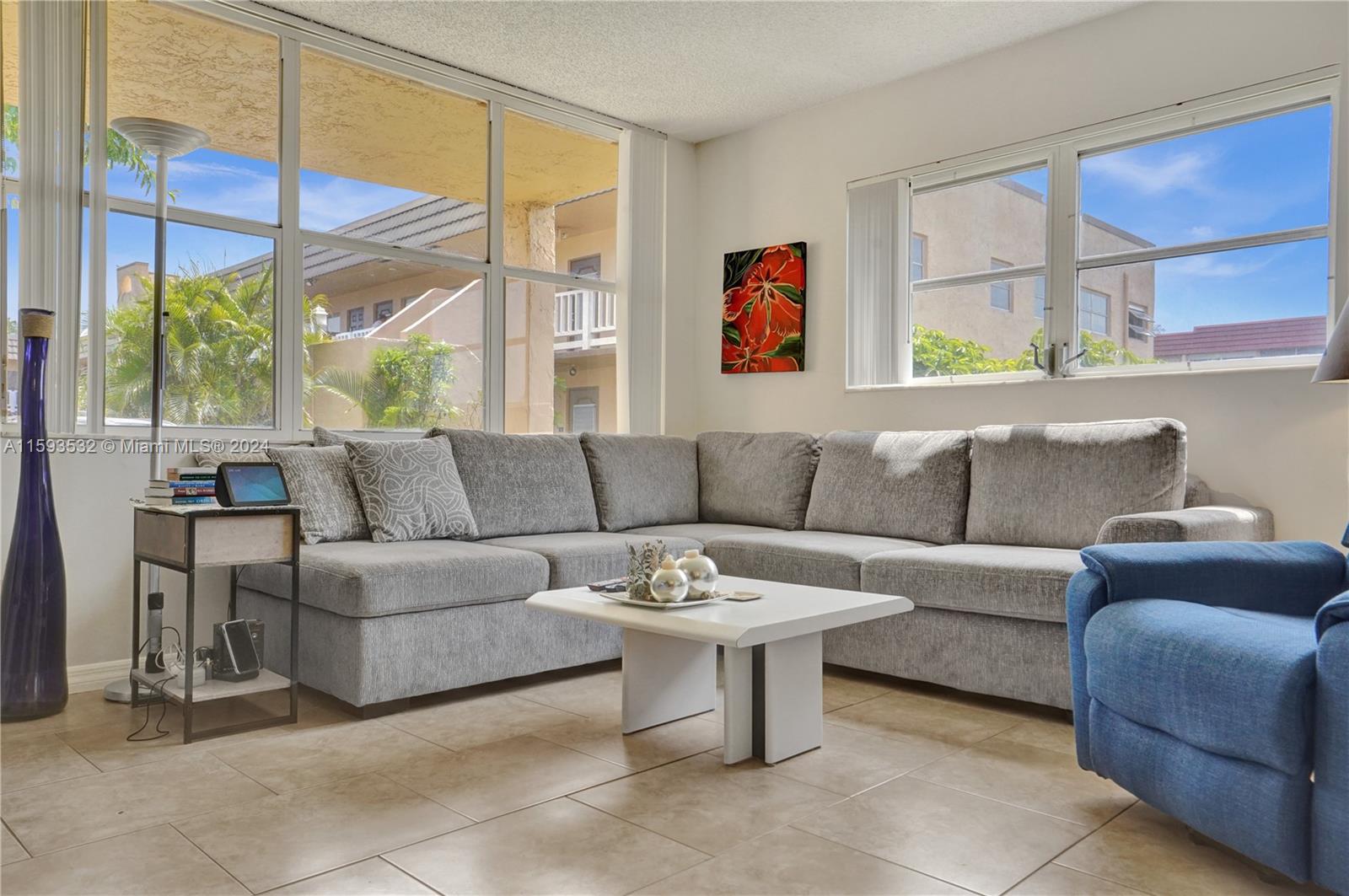 a living room with furniture and a large window