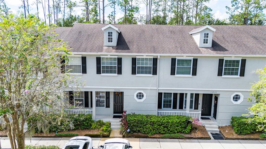 a aerial view of a house with a yard plants and large tree