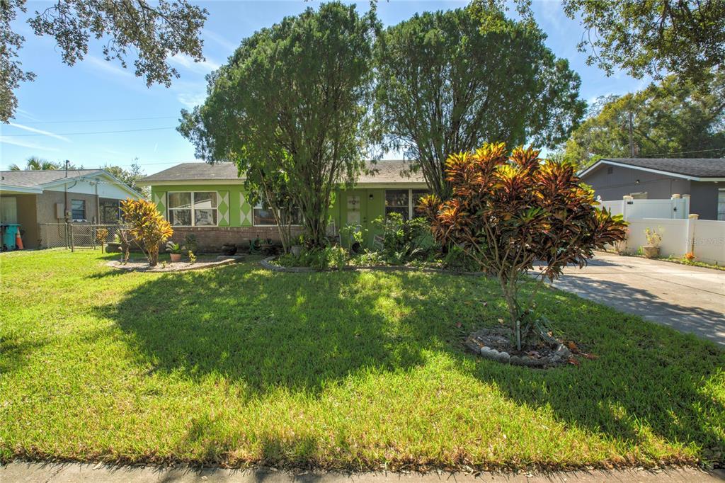 a view of backyard of house with green space