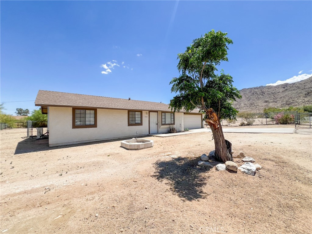 a tree in front of a house with a yard