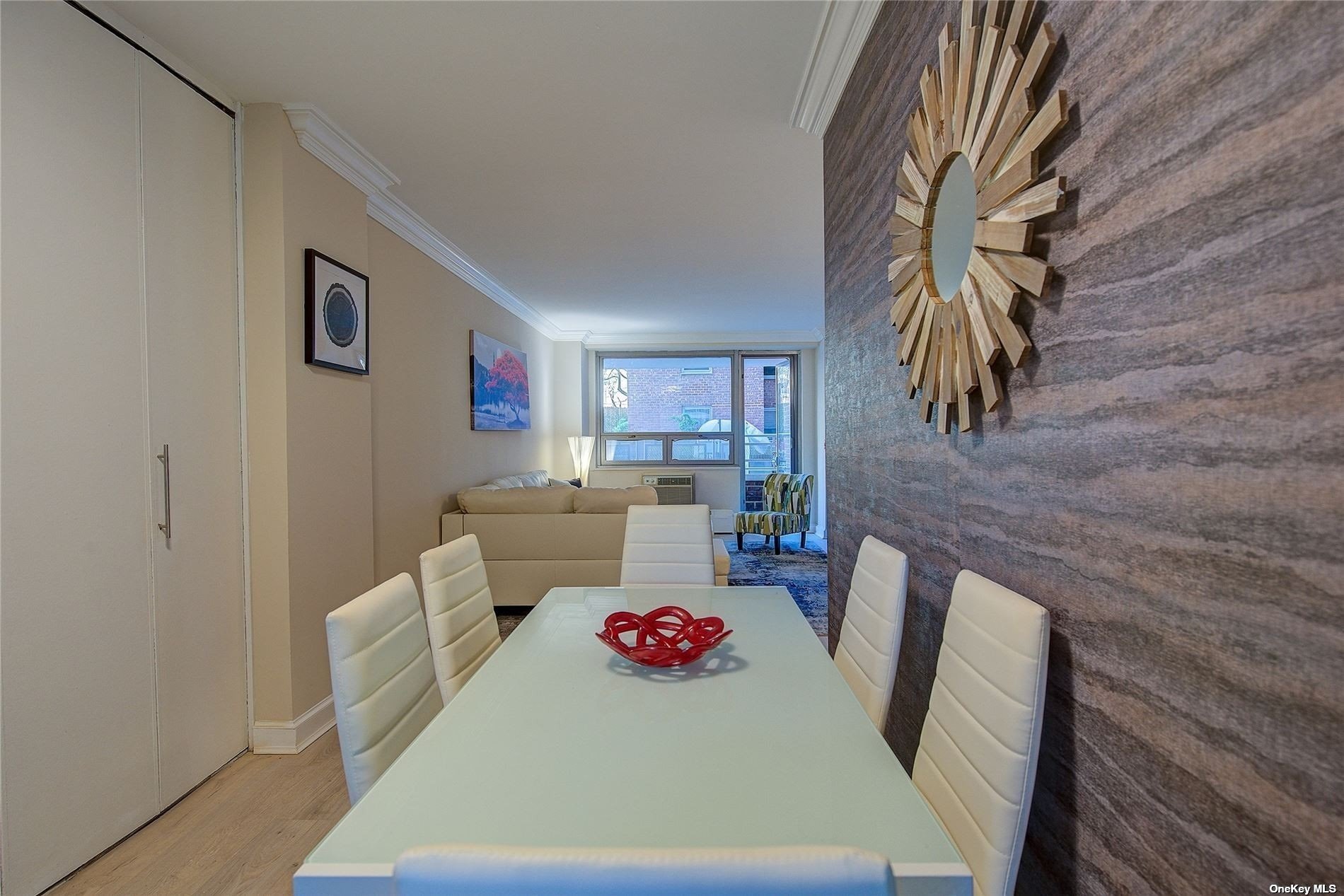 a living room with furniture and a table