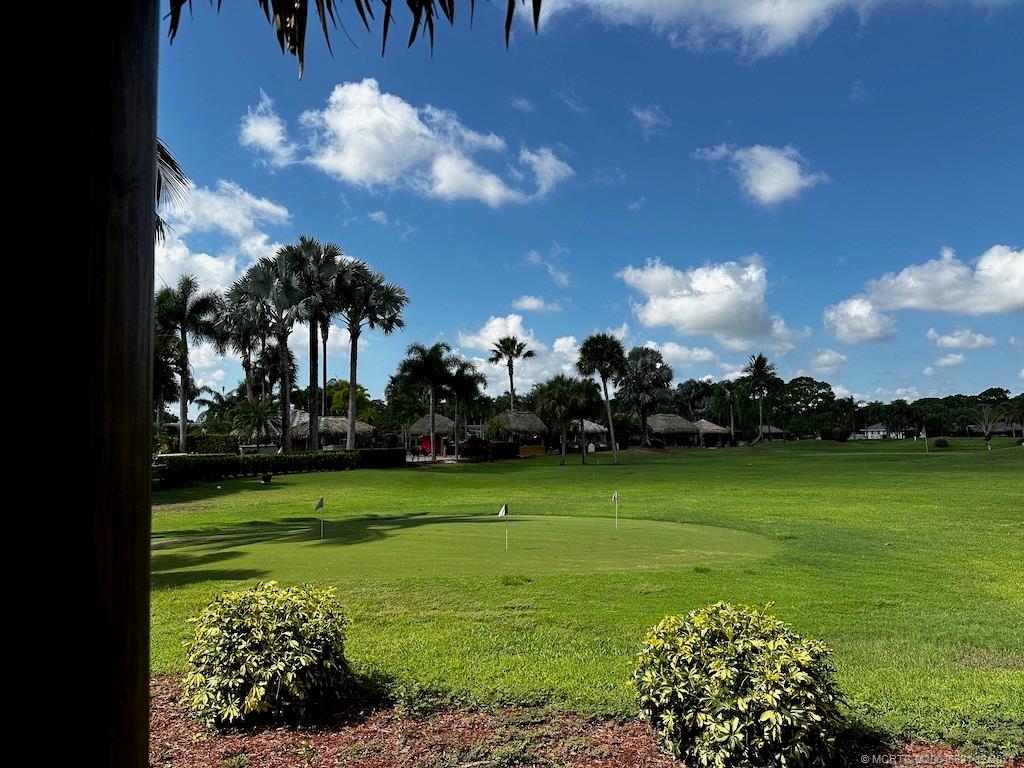 a view of a golf course with a lake view