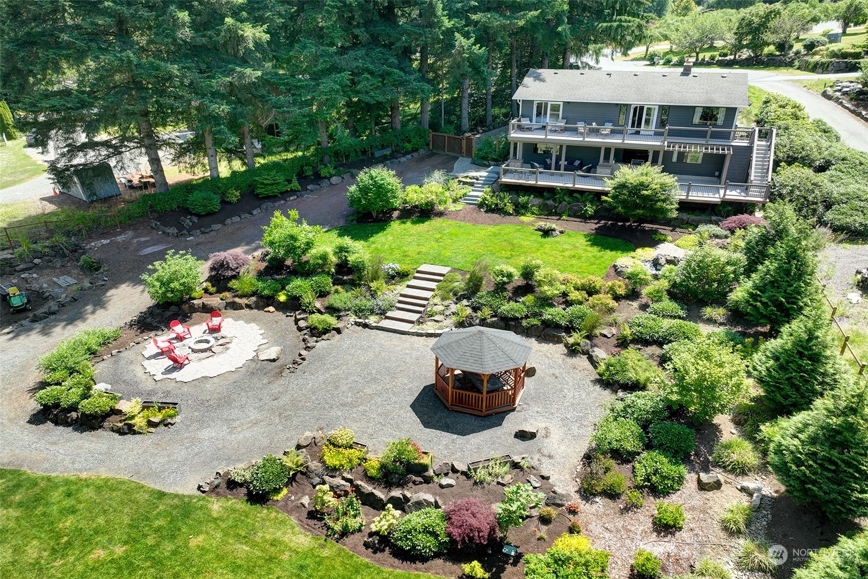 a view of a garden with plants and large trees