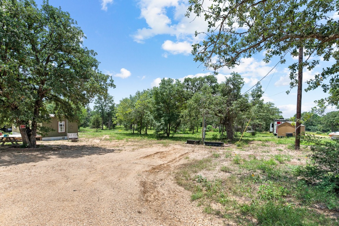 a view of dirt yard with a trees