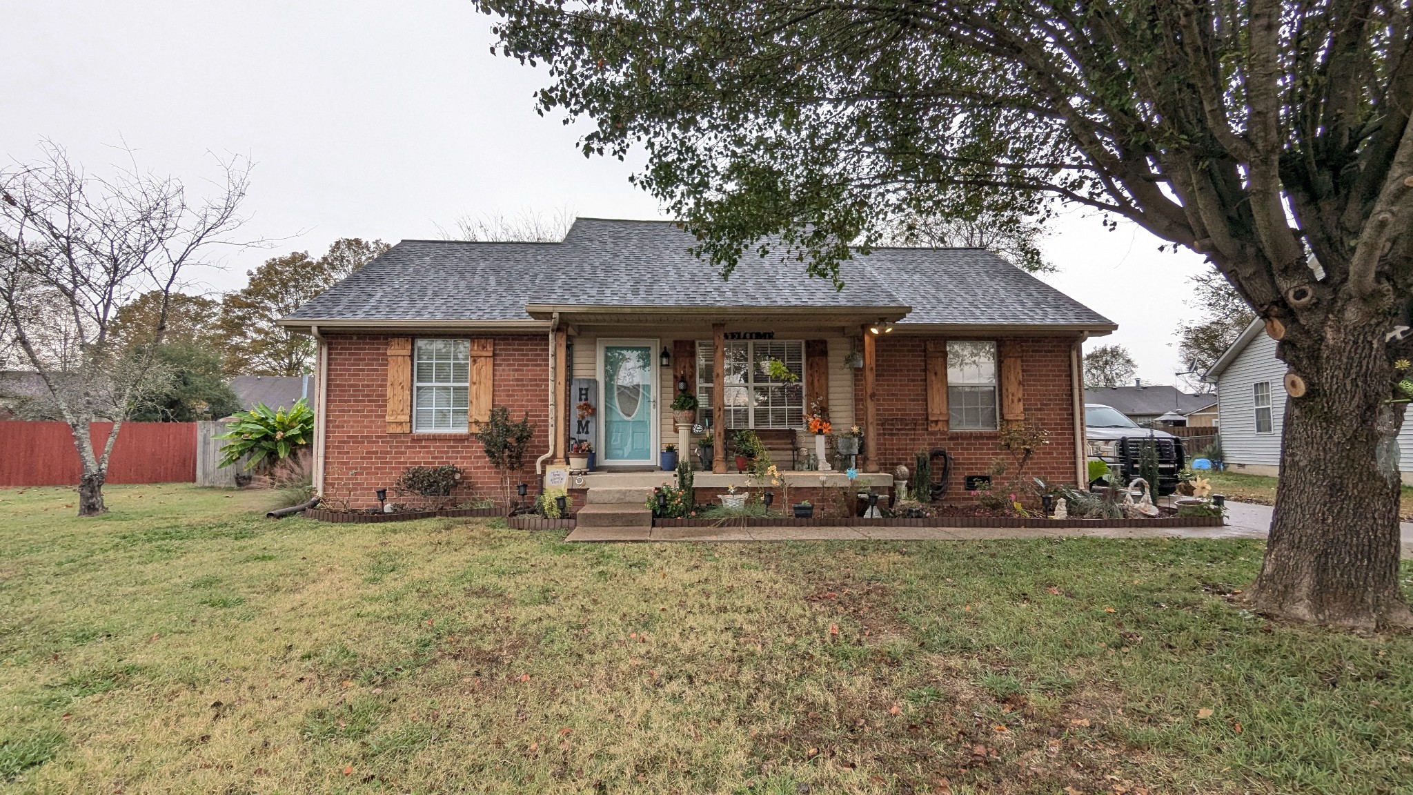 a front view of a house with patio