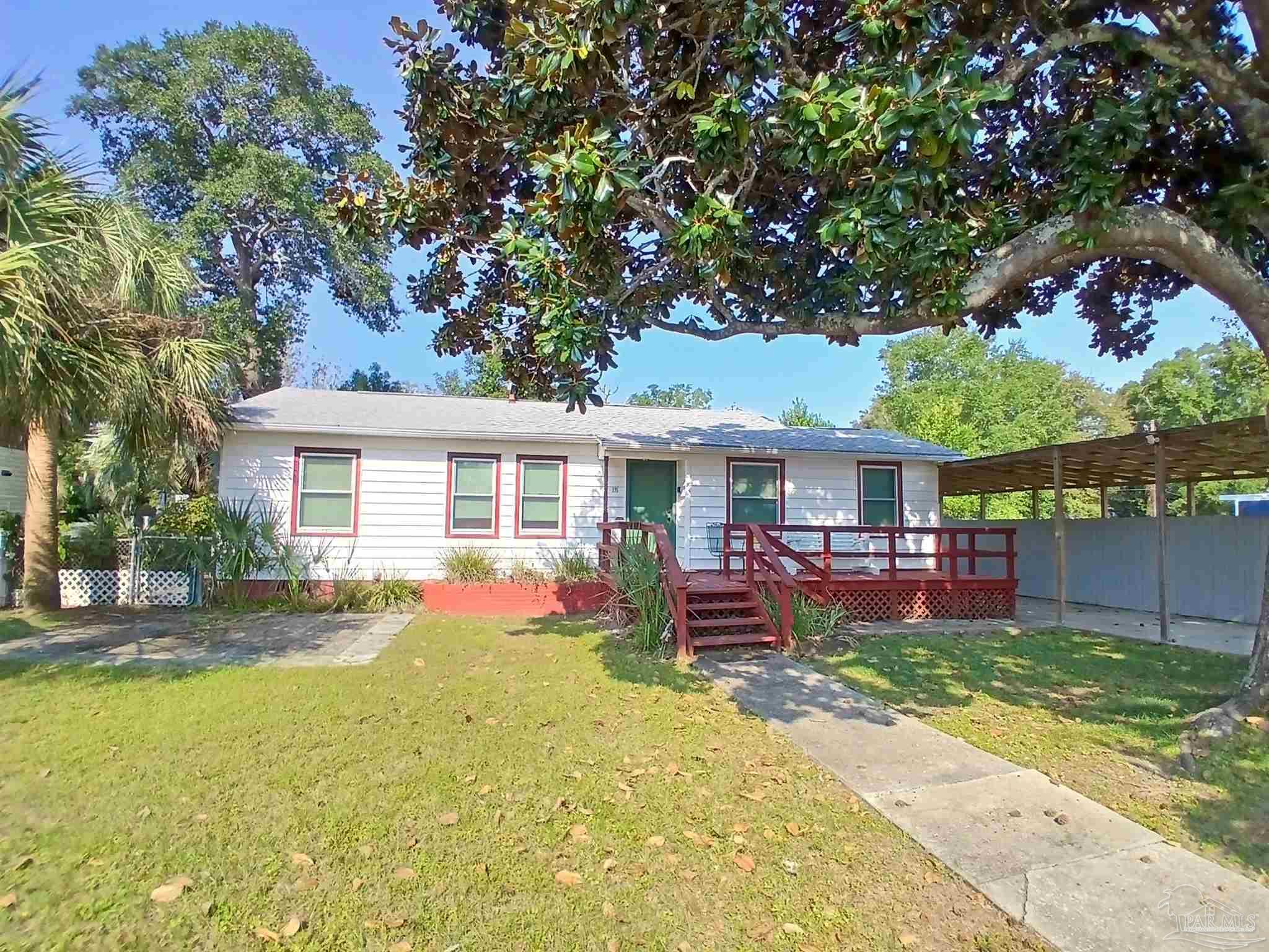 front view of a house with a patio