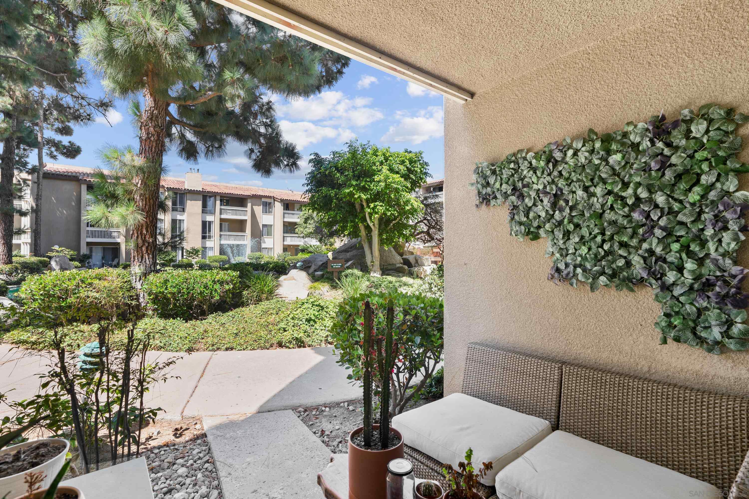 a view of a backyard with plants and a patio