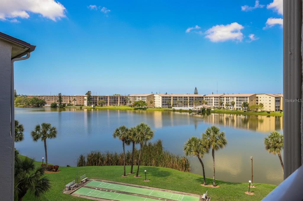 a view of a lake with a beach