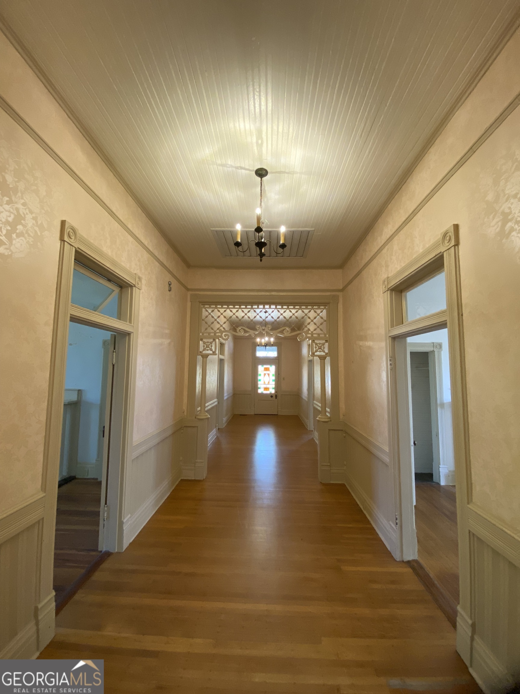 a view of a livingroom with a chandelier