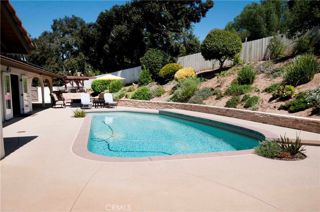 a view of a swimming pool with some potted plants