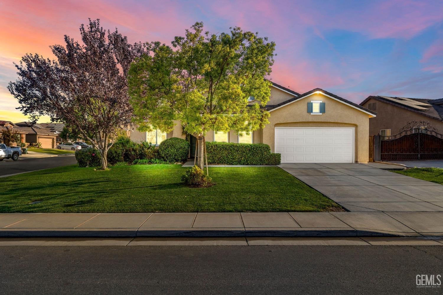 a front view of a house with a yard and a garage