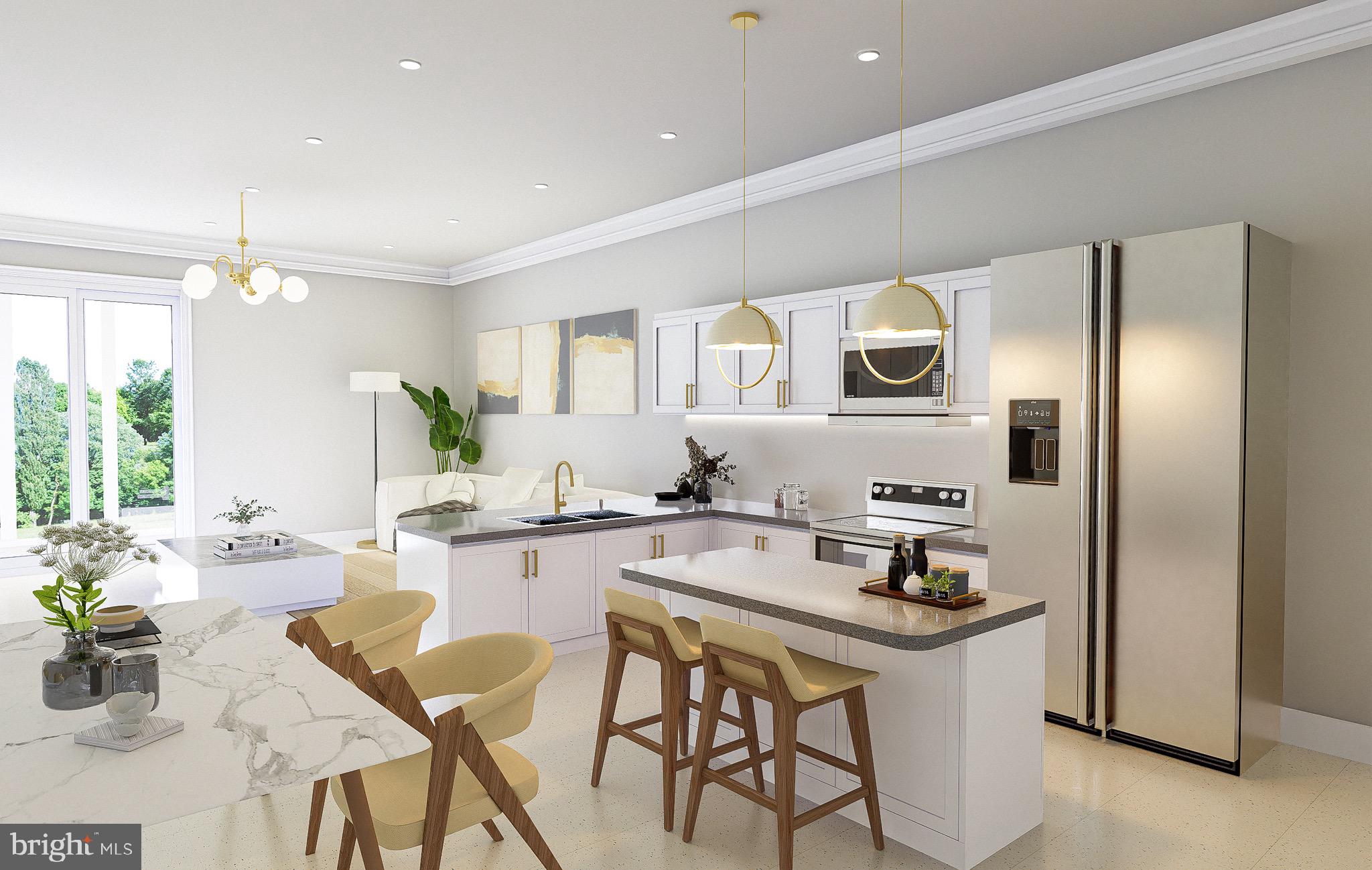 a kitchen with a refrigerator and countertop