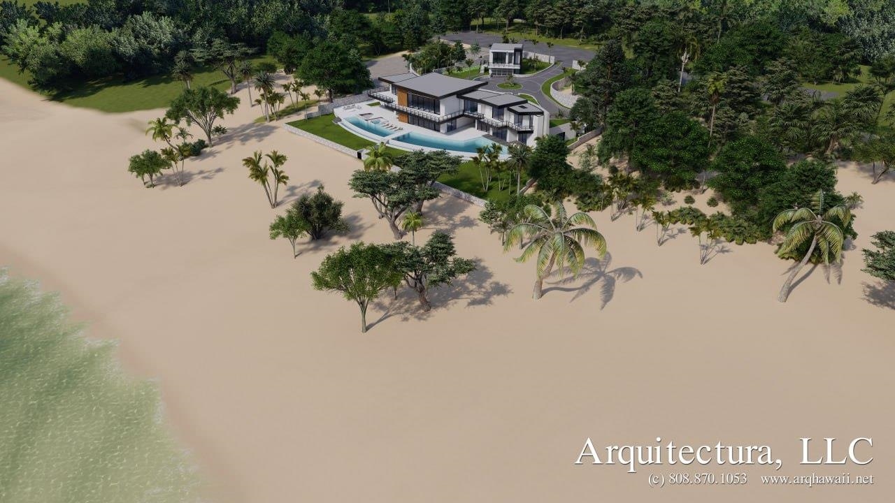 an aerial view of a house with yard