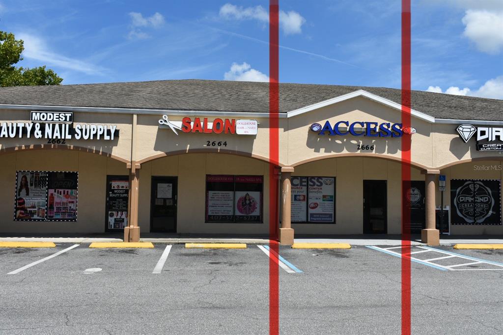 a view of a building with a retail shops