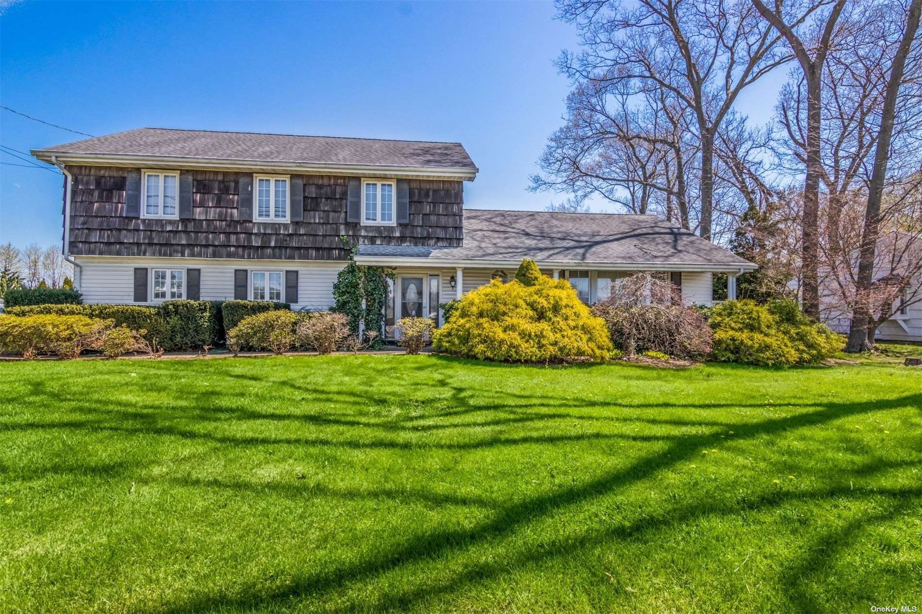 a view of a house with a big yard and potted plants and large trees