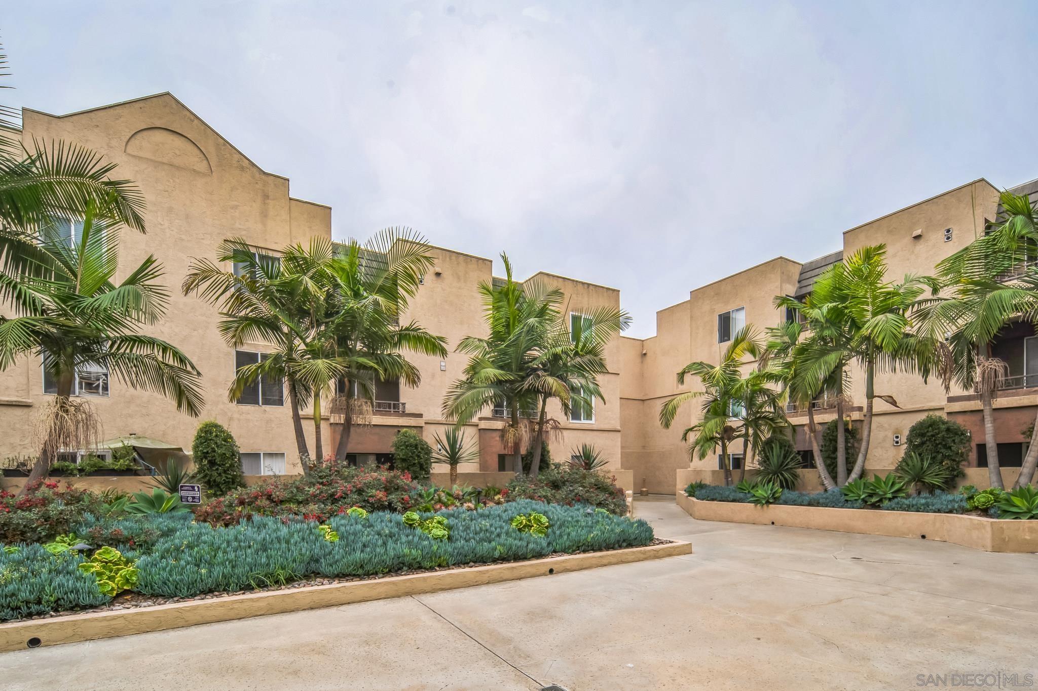 a front view of multiple house with palm trees