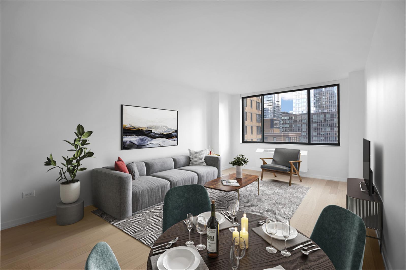 a living room with furniture potted plant and a window