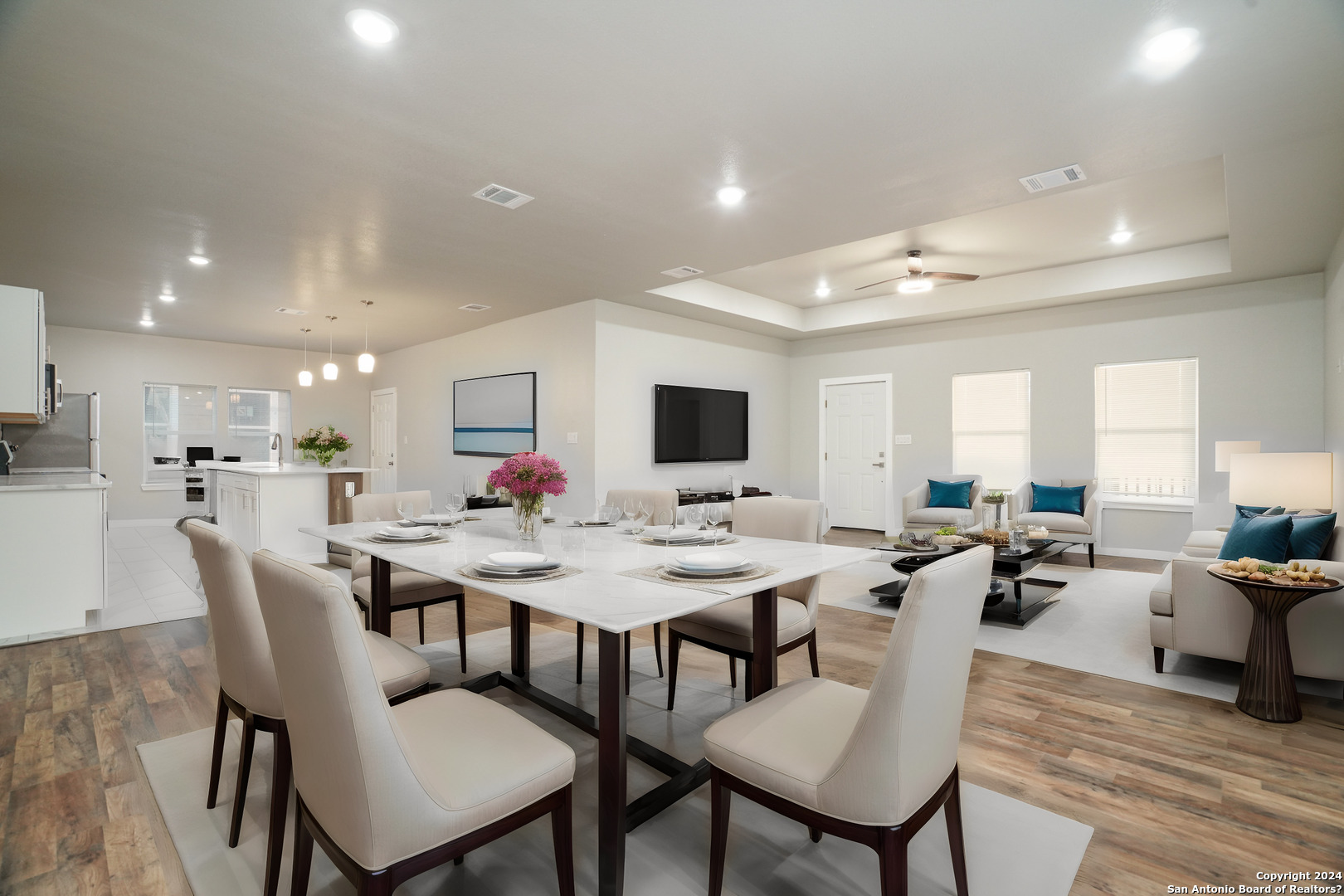 a view of a dining room with furniture