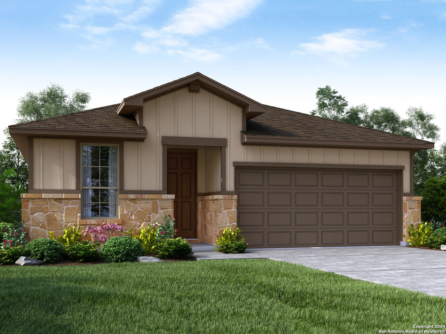 a front view of a house with a yard and garage