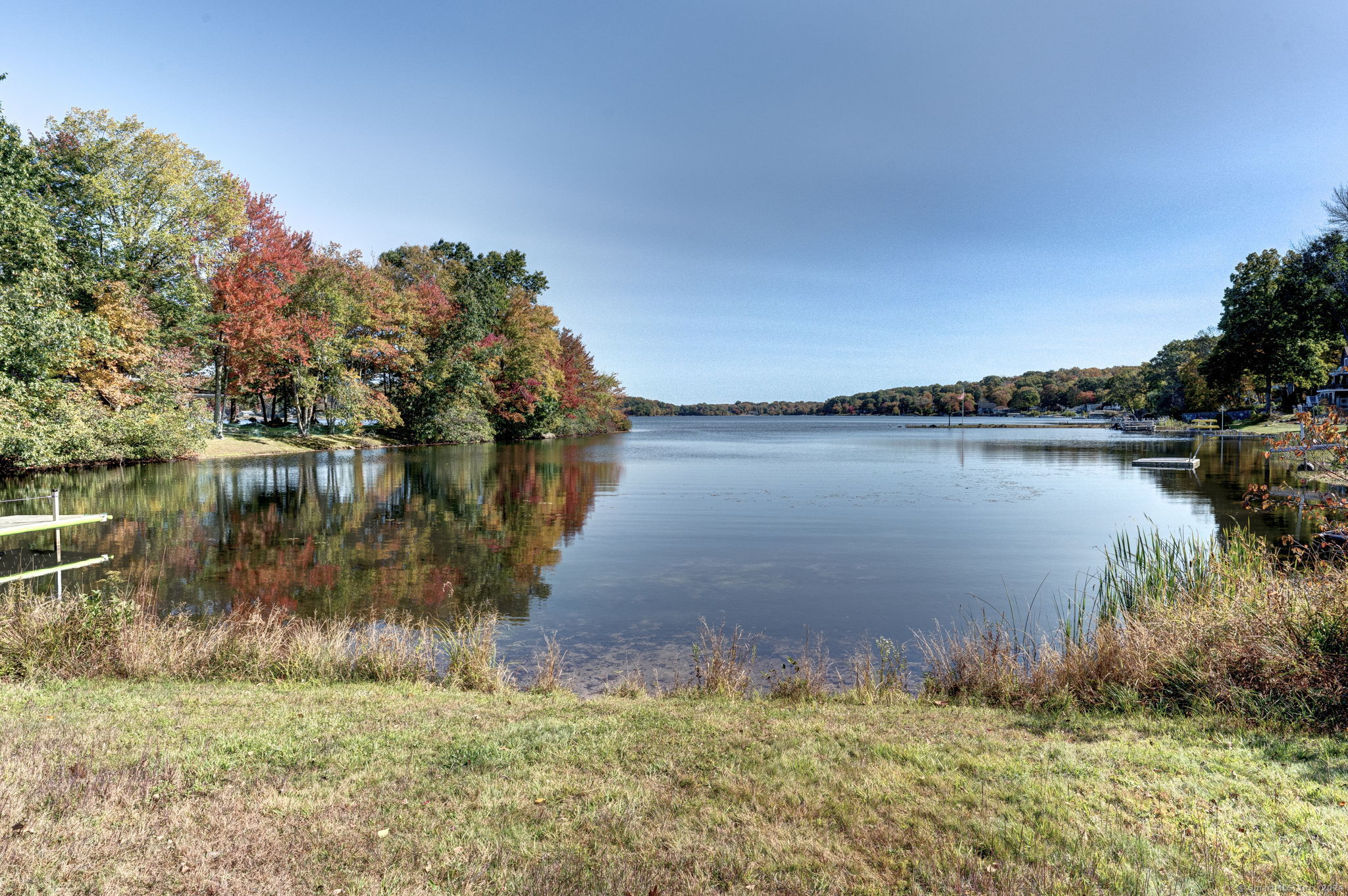 a view of a lake from a yard