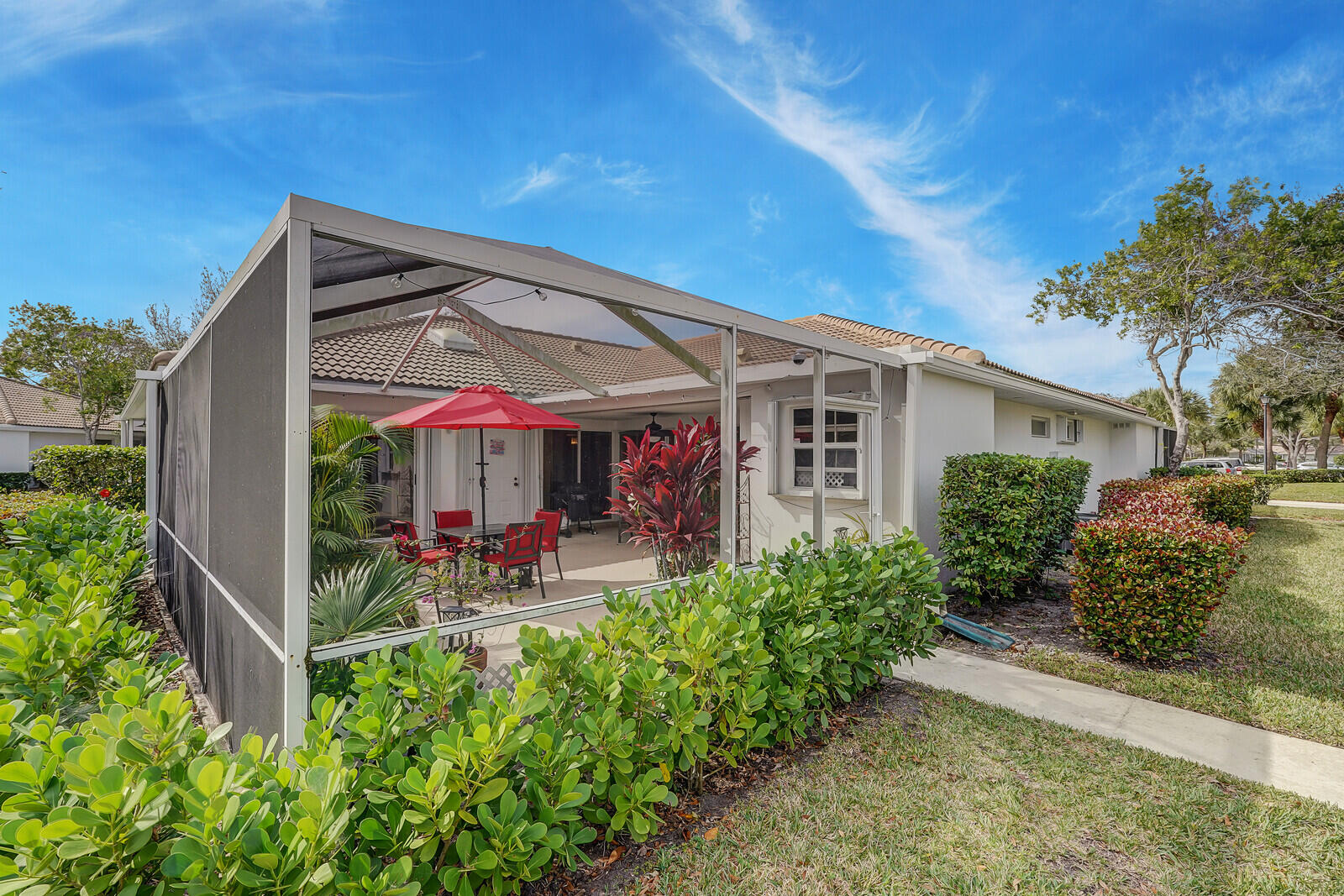 front view of a house with a patio