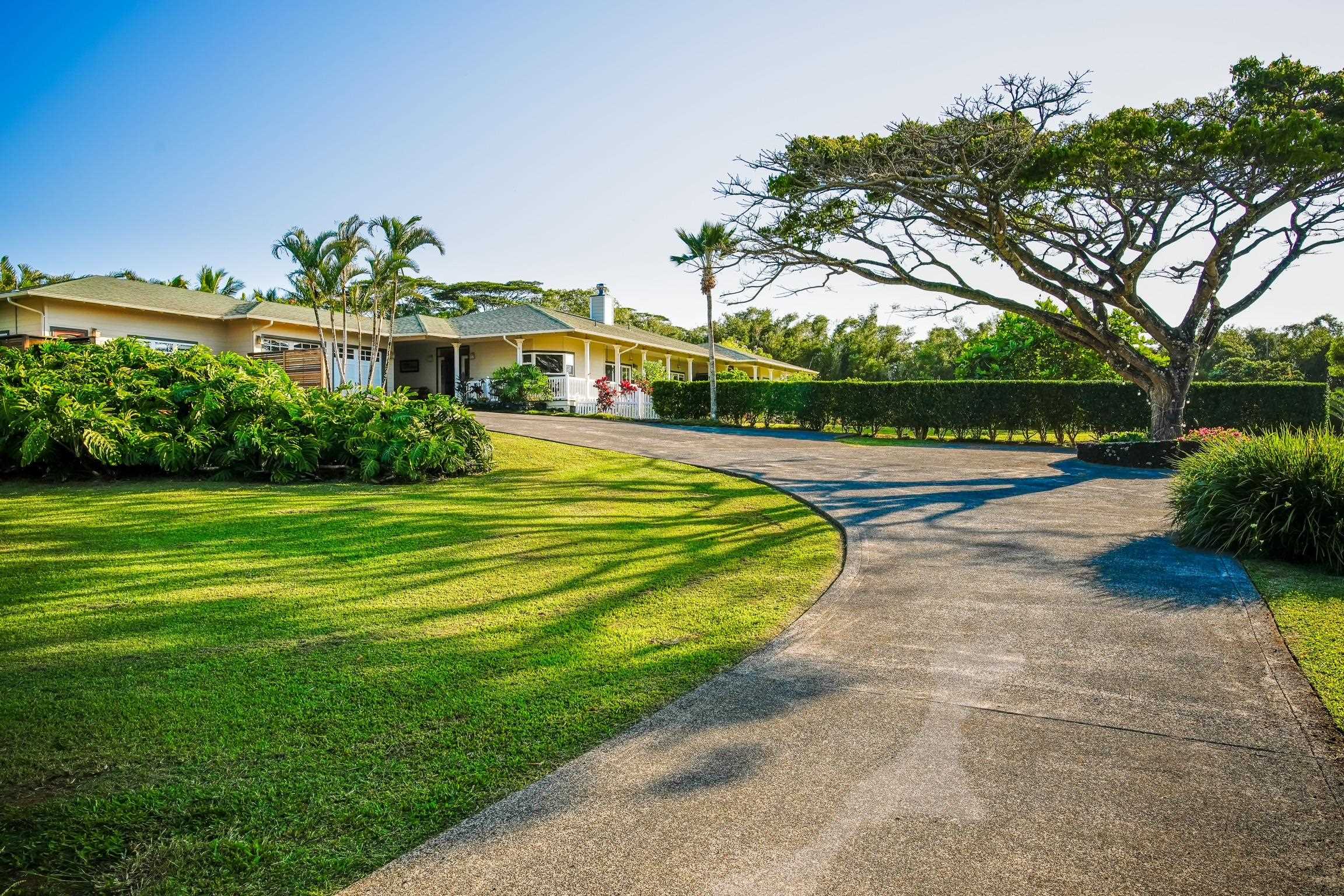 a front view of a house with a yard and green space