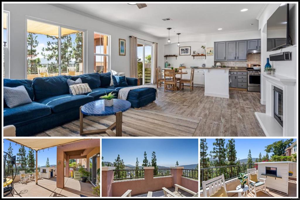 a living room with furniture kitchen view and a large window