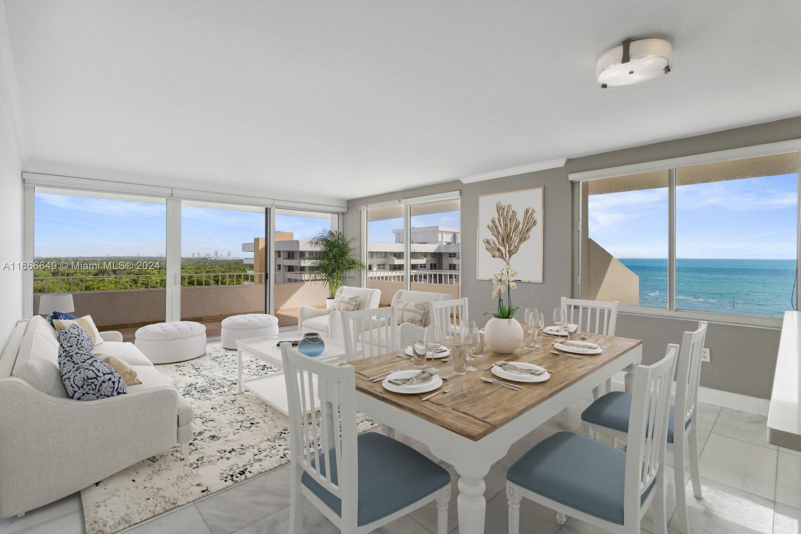 a view of a dining room with furniture window and outside view