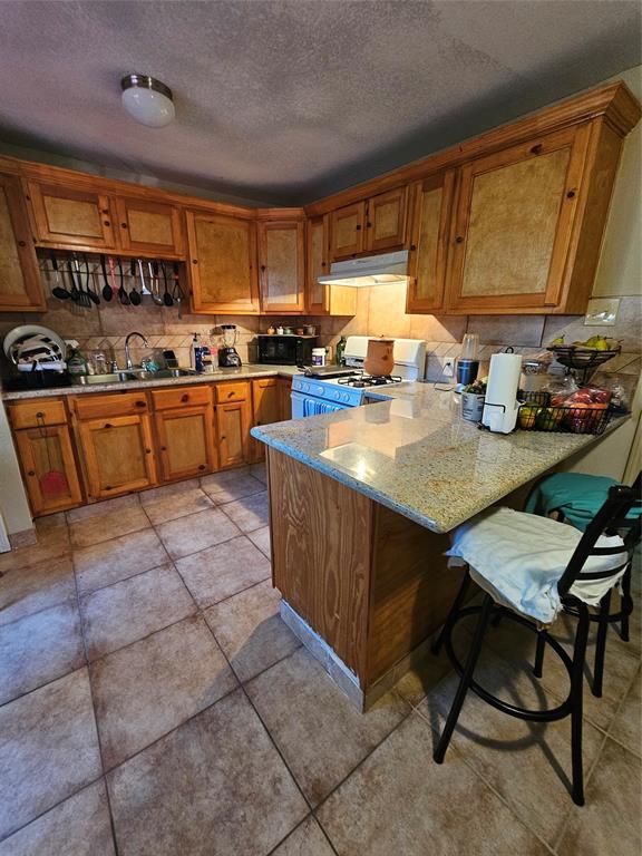 a kitchen with stainless steel appliances granite countertop a sink a stove counter space and cabinets