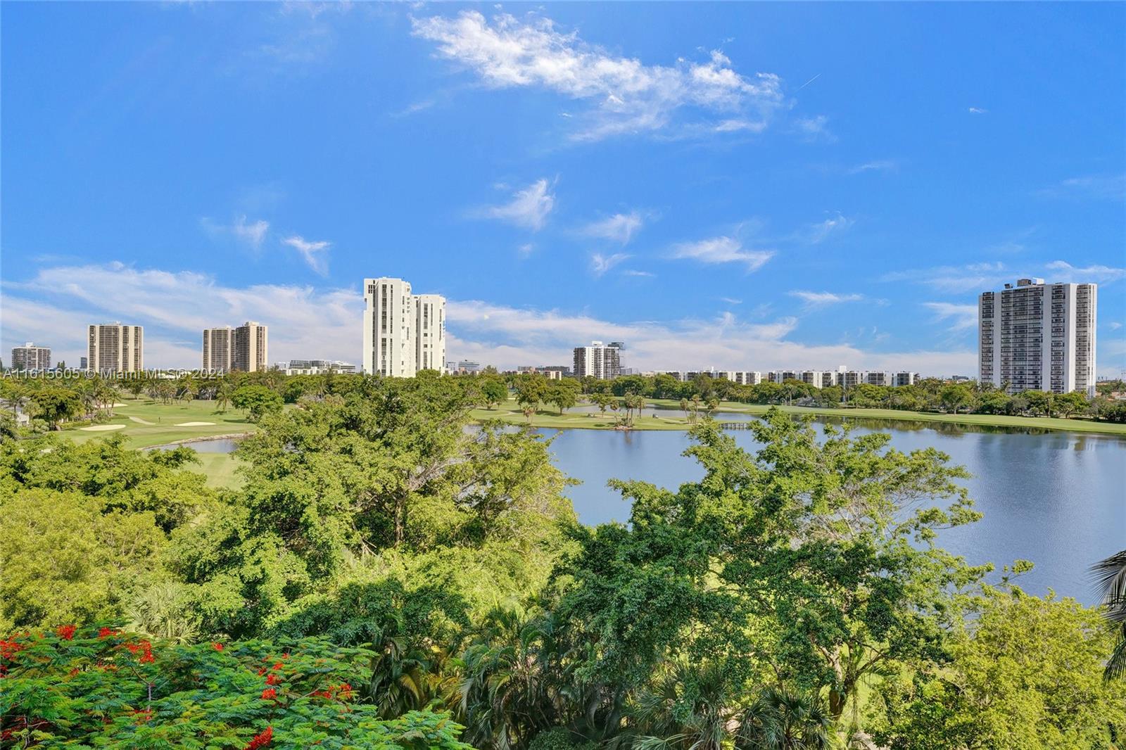 a view of a lake with a city