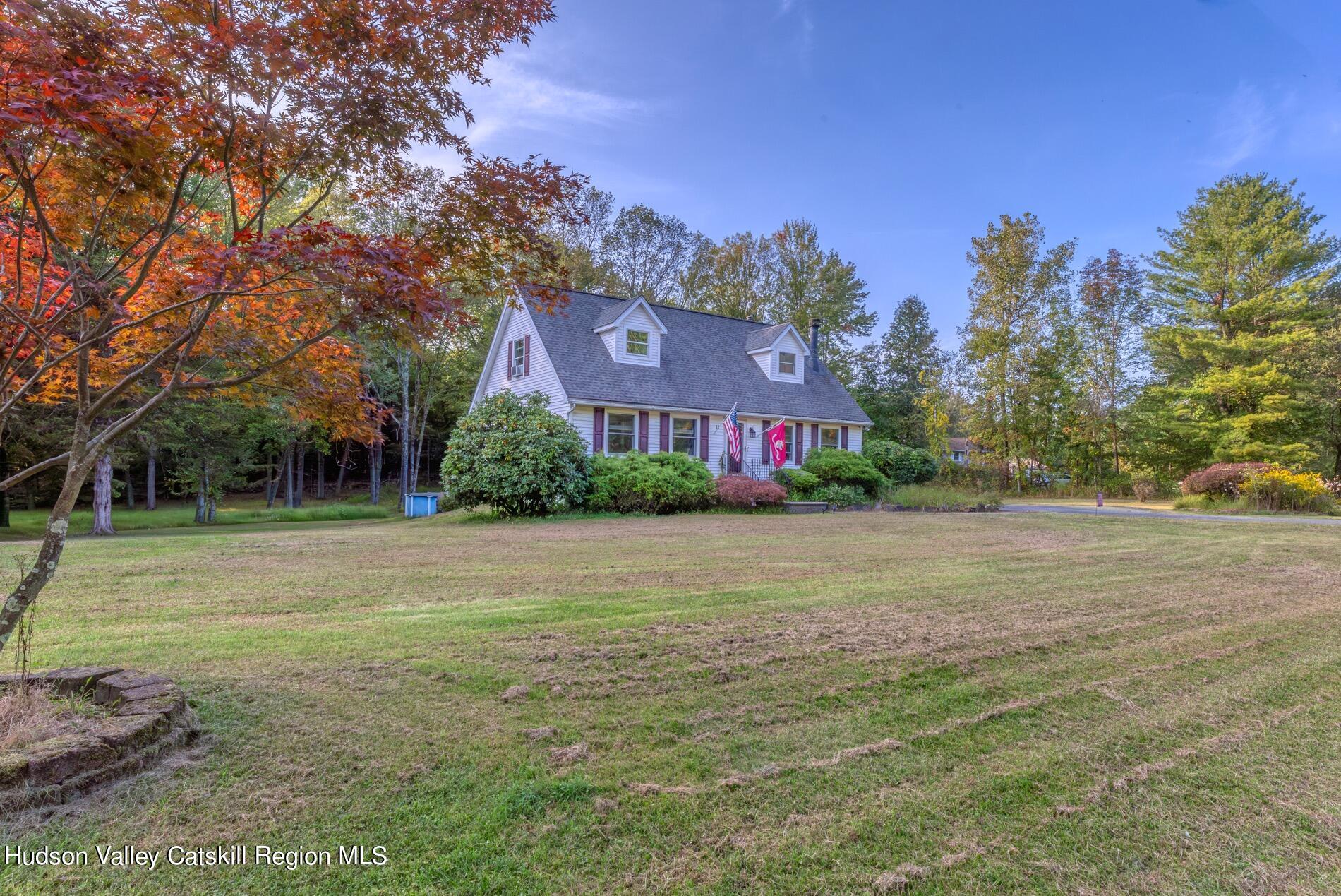 a front view of a house with a yard and trees