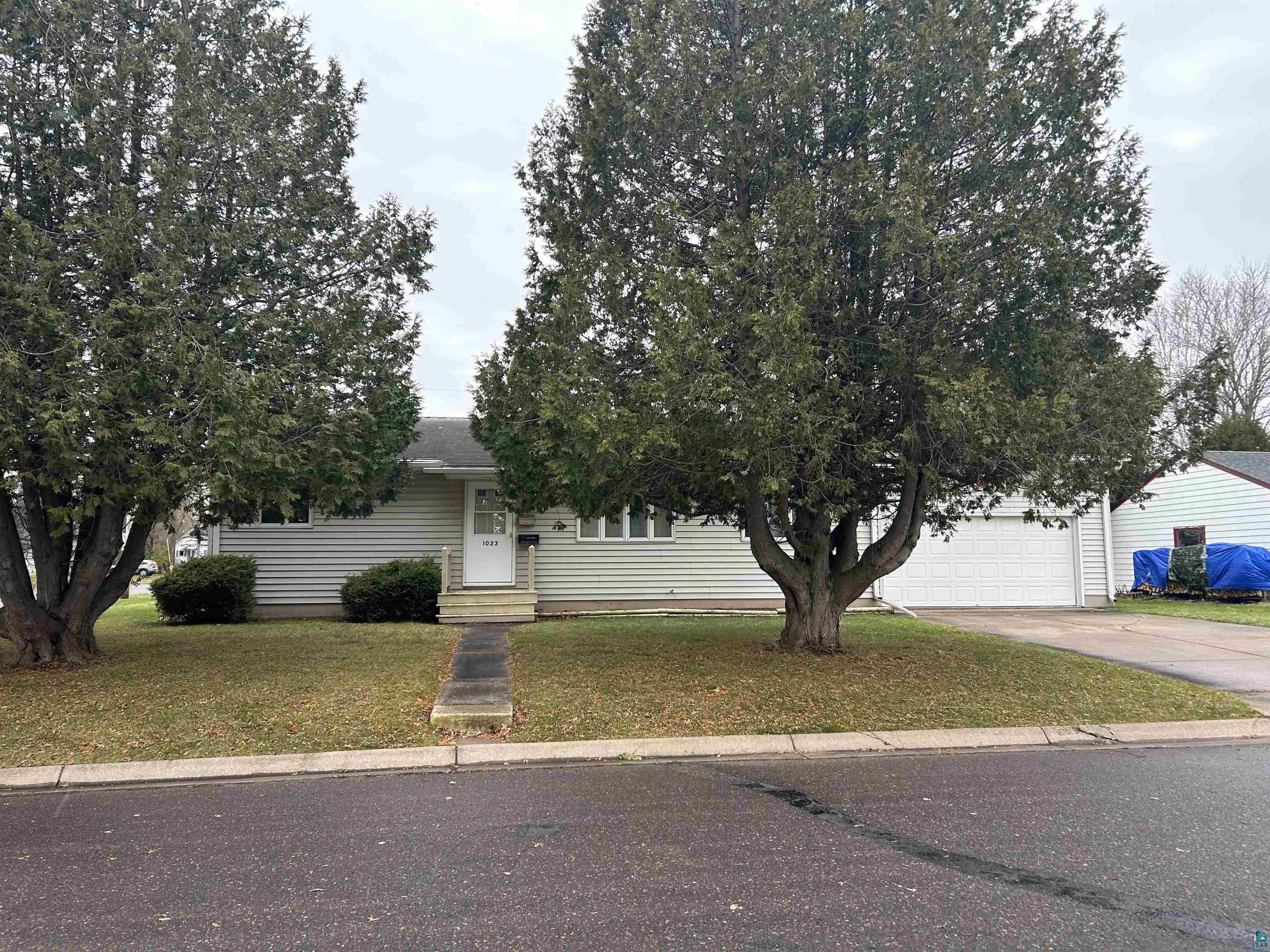 View of property hidden behind natural elements featuring a front yard and a garage