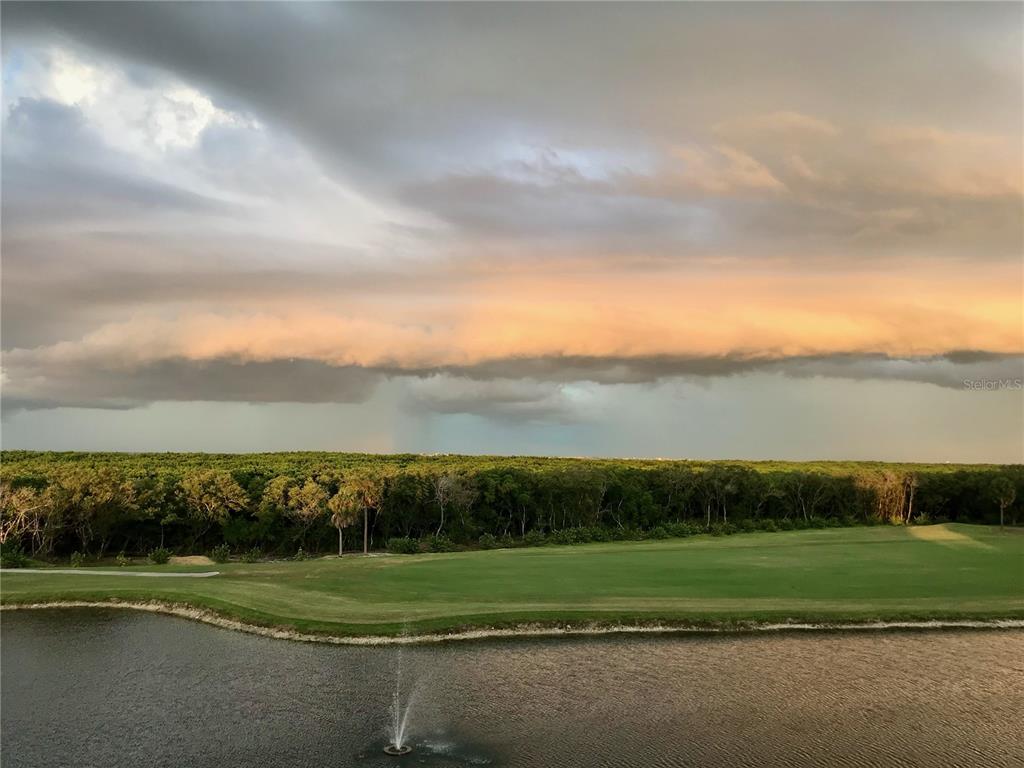 a view of a golf course with a lake